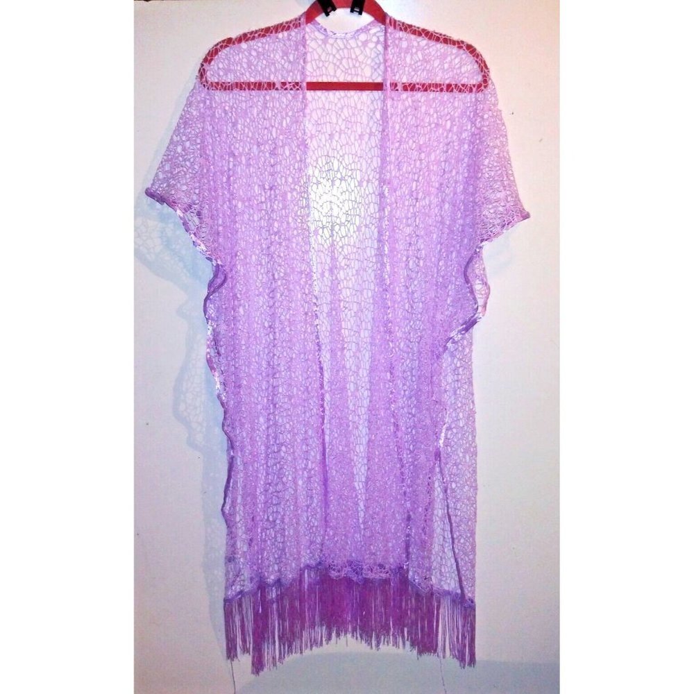 Lavender Swim Suit Cover Up DUSTER fringed ONE SIZE side slits see-through EUC